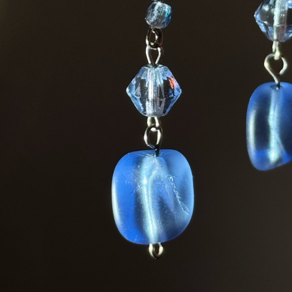 HAND CRAFTED Ice Blue "Sea Glass" Bead & Swarovski Crystal Accent Drop Earrings - Picture 3 of 14